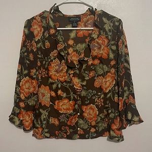 Vintage Jones New York Signature sz Med Brown Floral 100% Silk Blouse
